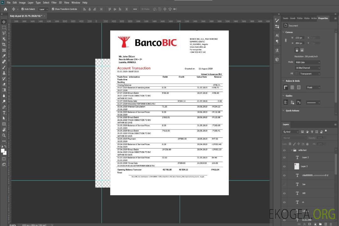 Relevé bancaire Angola Banco BIC template Relevé bancaire Angola Banco BIC template